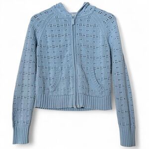 Y2K Tommy Hilfiger Open Knit Zip-Up Hoodie / Cardigan in Light Blue Size Medium